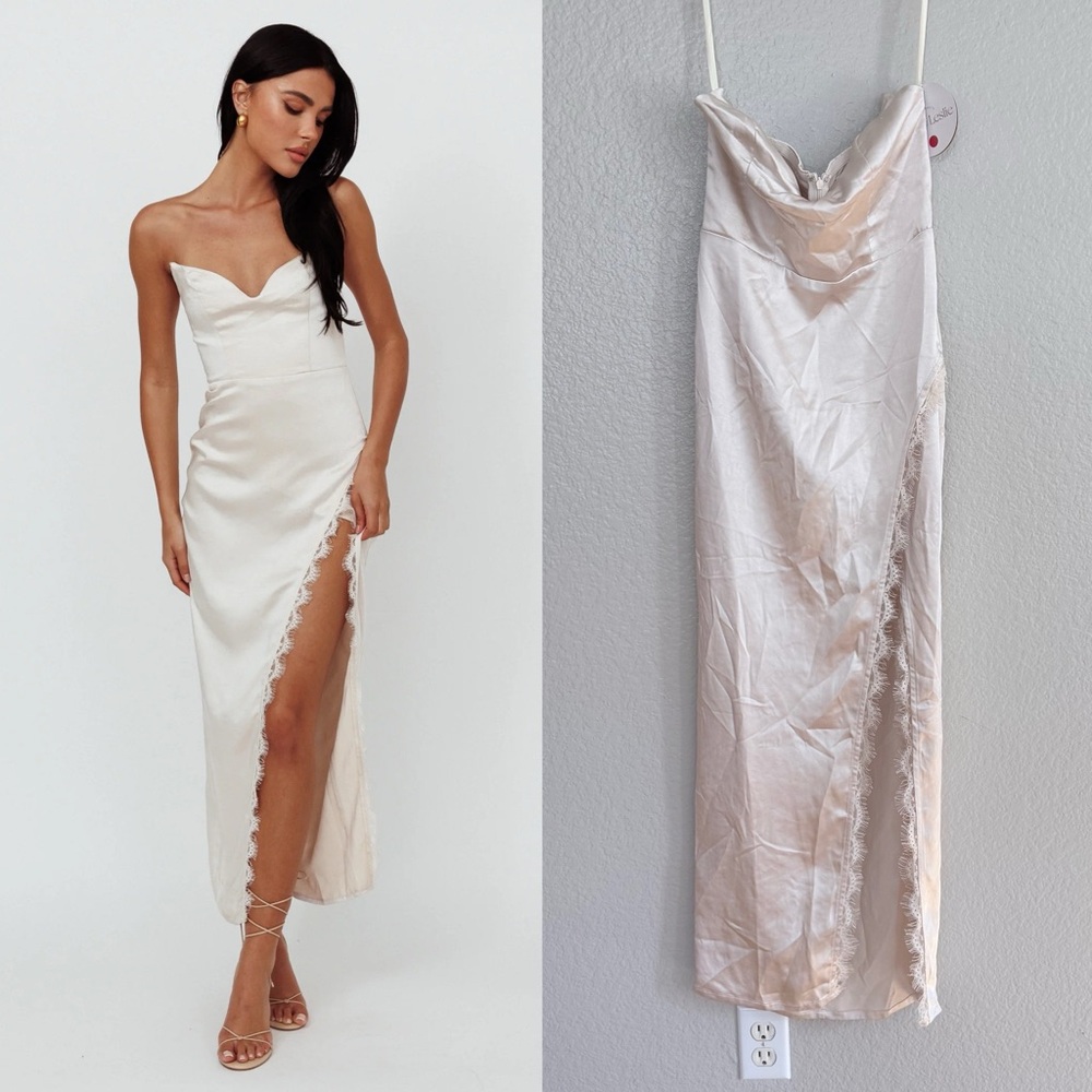 Selfie Leslie Ivory Satin Maxi Dress with Lace Trim